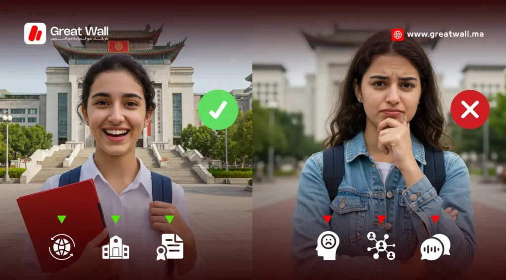  صورة بنمط انفوجرافيك مقسومة إلى نصفين: اليسار: مميزات (رموز لجامعة، منحة، علاقات دولية...)/ اليمين: عيوب (رمز تحدي اللغة، الغربة...)