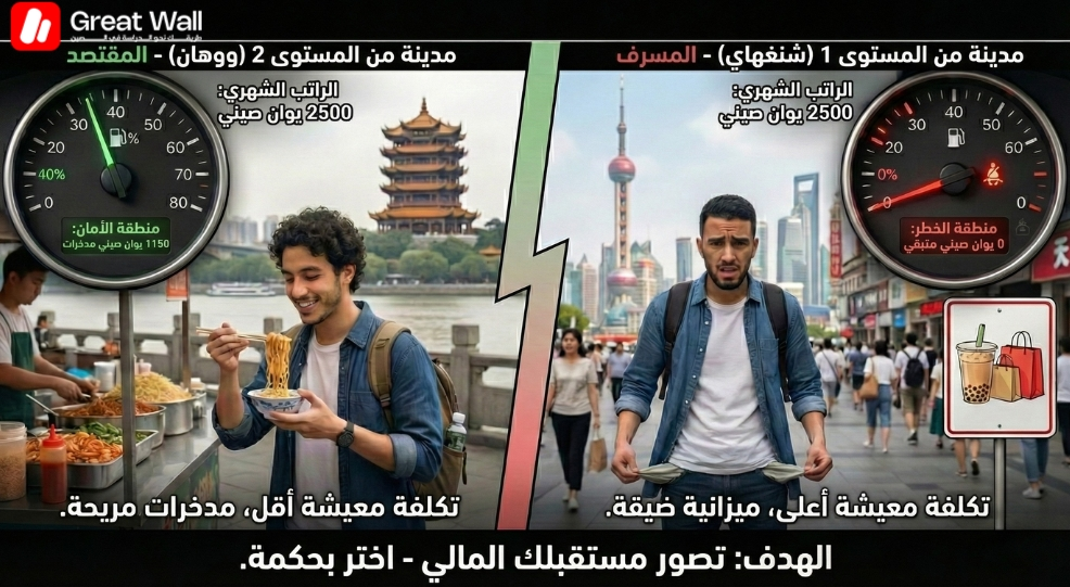 تمثيل يقارن الراتب الشهري المتبقي للطلاب في ووهان مقابل شنغهاي ويسلط الضوء على كيفية تأثير اختيار المدينة على تكلفة المعيشة في الصين تمثيل يقارن الراتب الشهري المتبقي للطلاب في ووهان مقابل شنغهاي ويسلط الضوء على كيفية تأثير اختيار المدينة على تكلفة المعيشة في الصين