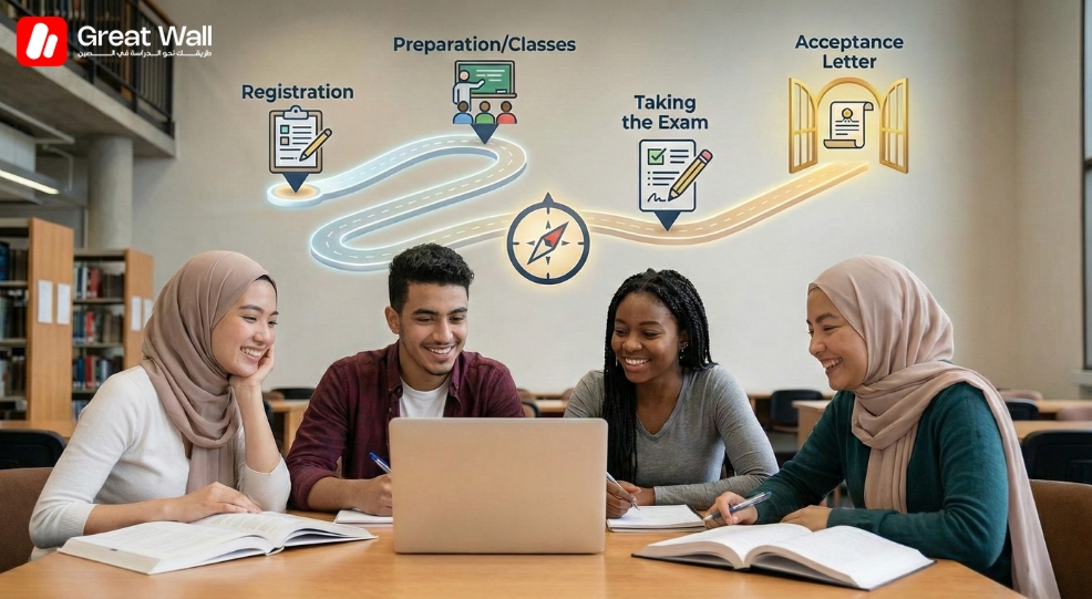 خارطة طريق توضح الخطوات من التحضير لـ اختبار CSCA مع Great Wall Education إلى تلقي رسالة القبول من أجل الدراسة في الصين.