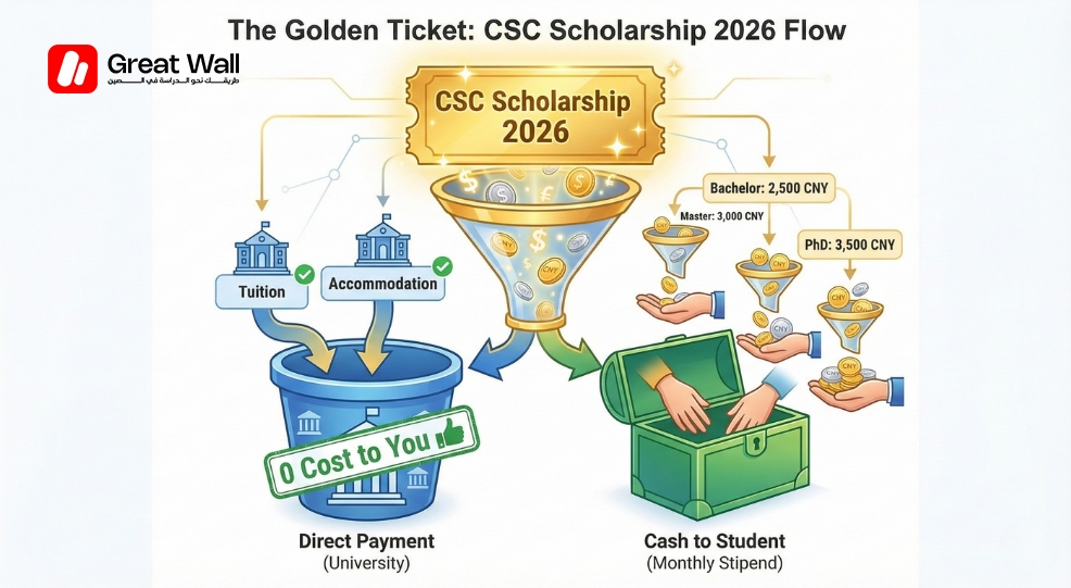 A flowchart illustrating how the 2026 CSC Scholarship structure provides free tuition and monthly stipends, making the effective cost of living in China virtually free for awardees. A flowchart illustrating how the 2026 CSC Scholarship structure provides free tuition and monthly stipends, making the effective cost of living in China virtually free for awardees.