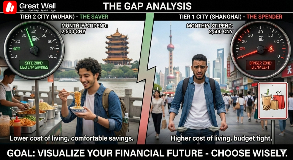 A fuel gauge visualization comparing the remaining monthly stipend for students in Wuhan versus Shanghai, highlighting how city choice affects the cost of living in China on a fixed budget. A fuel gauge visualization comparing the remaining monthly stipend for students in Wuhan versus Shanghai, highlighting how city choice affects the cost of living in China on a fixed budget.