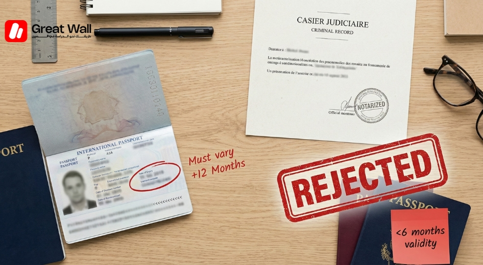 A professional flat lay photograph of essential mandatory documents to study in China A professional flat lay photograph of essential mandatory documents to study in China