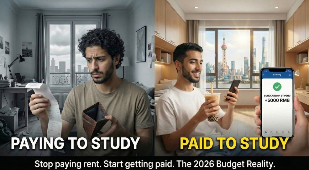 A split-screen visual contrasting a financially burdened student in Europe with a scholarship recipient in Shanghai, highlighting the significantly lower cost of living in China for students