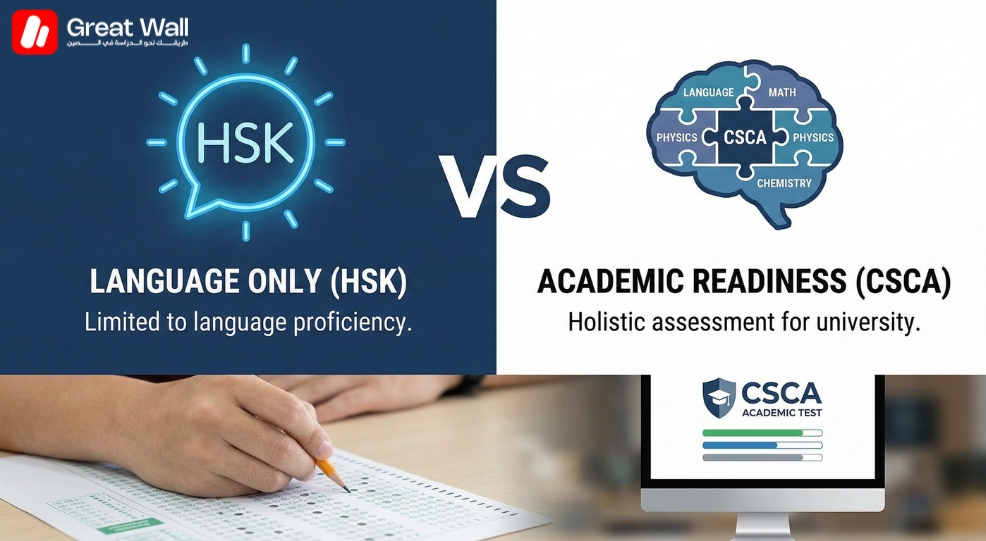 Comparison graphic showing the shift from HSK language exams to the comprehensive CSCA test for students planning to study in China. Comparison graphic showing the shift from HSK language exams to the comprehensive CSCA test for students planning to study in China.