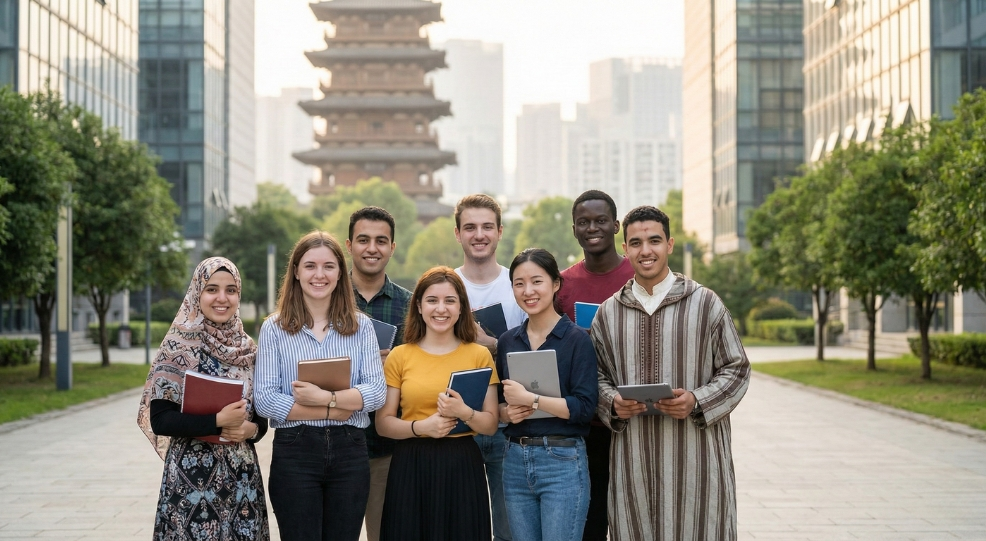 Diverse students including Moroccans on a modern Chinese campus with a pagoda study in China scholarship.