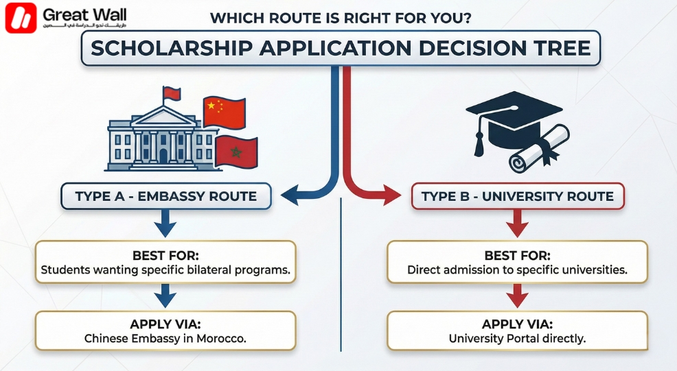 Flowchart comparing Embassy Route (Type A) vs University Route (Type B) for China scholarships