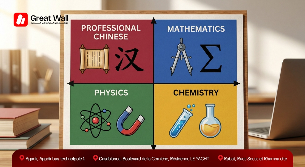 Infographic displaying the four academic subjects of the CSCA test structure required for admission to study in China. Infographic displaying the four academic subjects of the CSCA test structure required for admission to study in China.