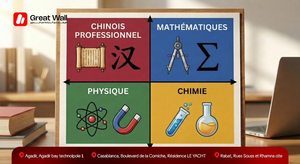 Infographie presentant les quatre matieres academiques de la structure du test CSCA requises pour l admission a etudier en Chine. Infographie presentant les quatre matieres academiques de la structure du test CSCA requises pour l admission a etudier en Chine.