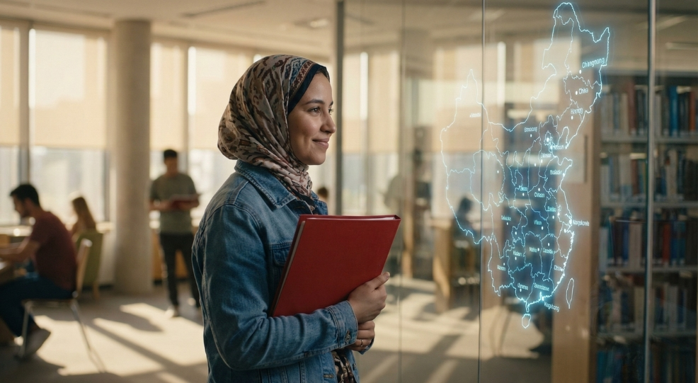 Moroccan student in a modern library planning to study in China.