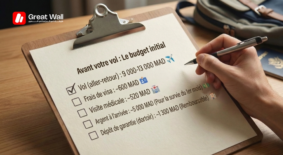 Un graphique de style presse-papiers detaillant les depenses initiales essentielles pour les etudiants marocains, qui doivent etre budgetisees avant de profiter du faible coût de la vie en Chine Un graphique de style presse-papiers detaillant les depenses initiales essentielles pour les etudiants marocains, qui doivent etre budgetisees avant de profiter du faible coût de la vie en Chine