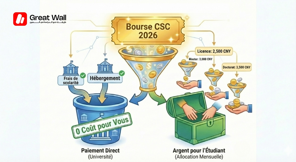 Un organigramme illustrant comment la structure de la bourse CSC 2026 offre des frais de scolarite gratuits et des allocations mensuelles rendant le cout de la vie effectif en Chine pratiquement nul Un organigramme illustrant comment la structure de la bourse CSC 2026 offre des frais de scolarite gratuits et des allocations mensuelles rendant le cout de la vie effectif en Chine pratiquement nul