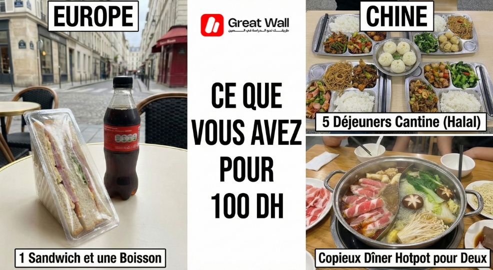Une comparaison demontrant le pouvoir d achat alimentaire superieur de 100 MAD en Chine par rapport à l Europe refletant l aspect abordable de la restauration dans le cout de la vie en Chine Une comparaison demontrant le pouvoir d achat alimentaire superieur de 100 MAD en Chine par rapport à l Europe refletant l aspect abordable de la restauration dans le cout de la vie en Chine