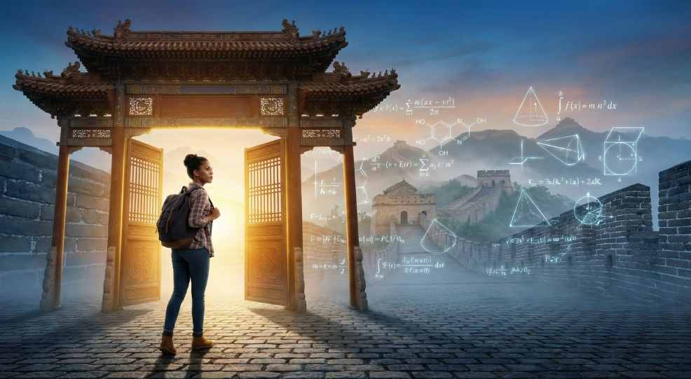 Une etudiant devant une porte traditionnelle symbolisant le test CSCA comme nouvelle condition d entree pour etudier en Chine en 2026