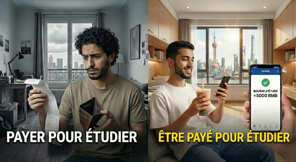 Une illustration contrastant un etudiant financierement accable en Europe avec un boursier a Shanghai mettant en evidence le cout de la vie en Chine nettement plus bas pour les etudiants