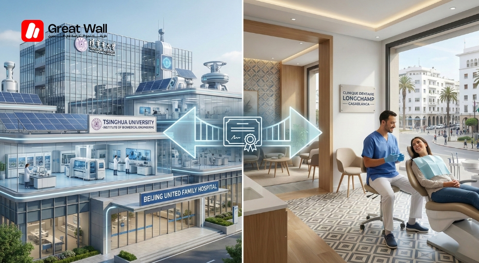 تصميم داخلي لعيادة أسنان راقية وجديدة في المغرب، تمثل الهدف المهني للخريجين من تخصص طب الأسنان والصيدلة في الصين.