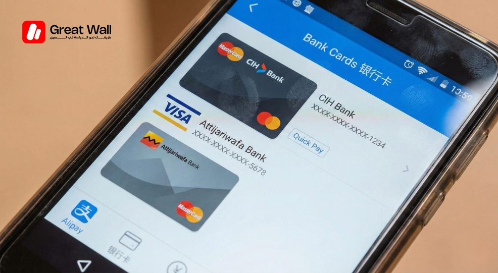 تطبيق Alipay يظهر ربط بطاقة بنكية مغربية CIH أو التجاري وفابنك للدفع في الصين. تطبيق Alipay يظهر ربط بطاقة بنكية مغربية CIH أو التجاري وفابنك للدفع في الصين.