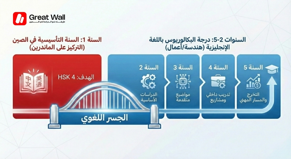جدول زمني بياني يوضح نموذج الدراسة الهجين، يبدأ بـ سنة تأسيسية في الصين لتحقيق HSK 4، يليها درجة علمية باللغة الإنجليزية لمدة أربع سنوات