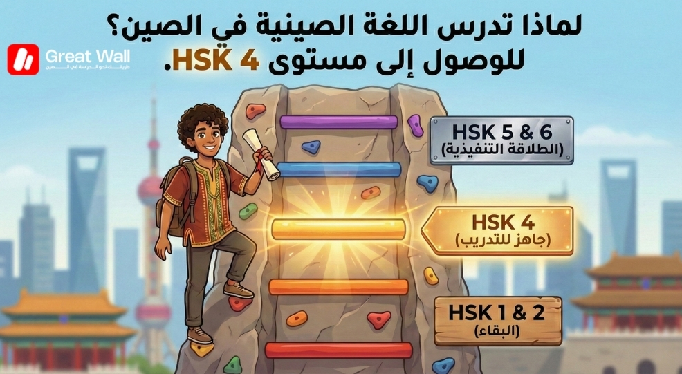 رسم بياني لسلم الوظائف يسلط الضوء على مستوى HSK 4 كهدف حاسم للطلاب الذين يدرسون اللغة الصينية في الصين ليصبحوا جاهزين للتدريب الداخلي