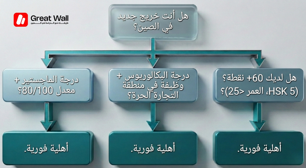 رسم بياني يوضح المسارات التي تسمح لـ الخريجين الجدد بتجاوز قواعد الخبرة، والحصول على تأشيرة عمل صينية، والنجاح في البقاء في الصين رسم بياني يوضح المسارات التي تسمح لـ الخريجين الجدد بتجاوز قواعد الخبرة، والحصول على تأشيرة عمل صينية، والنجاح في البقاء في الصين