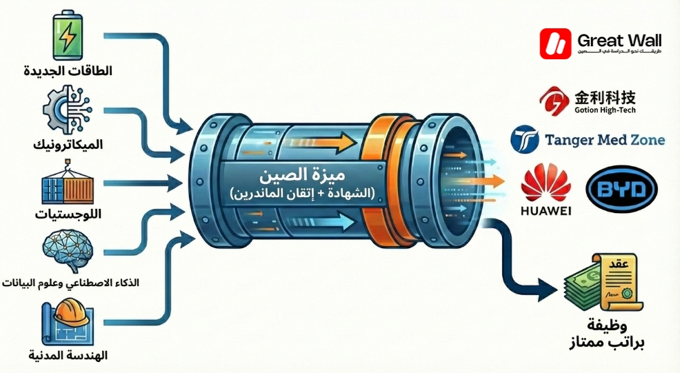 رسم بياني يوضح خمس تخصصات تؤدي إلى وظائف في غوشن و سنتوري ضمن الشركات الصينية في المغرب