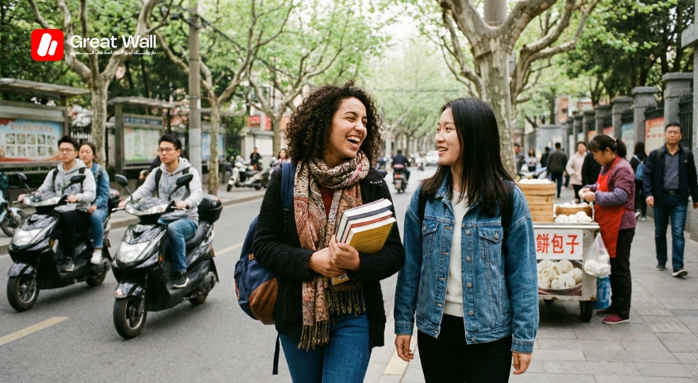 طالبة مغربية سعيدة تمشي مع زميلة صينية، تظهر الاندماج و الحياة الطلابية الآمنة في الصين.