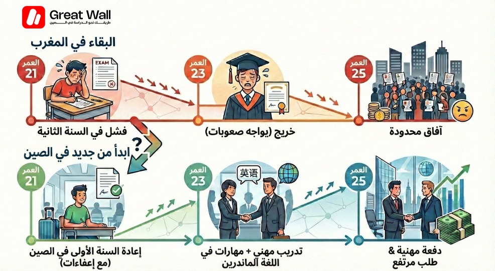 مخطط زمني يقارن المسار المهني بين البقاء في الجامعة المحلية وخيار استكمال الدراسة في الصين لطالب مغربي عمره 21 عاماً. مخطط زمني يقارن المسار المهني بين البقاء في الجامعة المحلية وخيار استكمال الدراسة في الصين لطالب مغربي عمره 21 عاماً.
