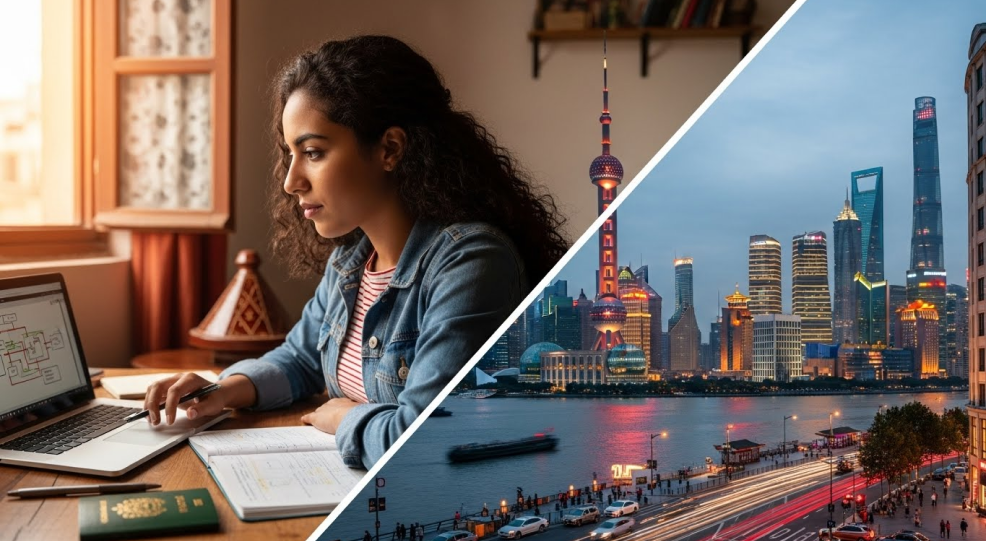 A Moroccan student looking at the Shanghai skyline, illustrating the goal of Study in China for Moroccans and the China Student Visa Morocco process in 2026.
