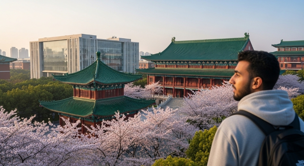 A cinematic view of Wuhan University’s traditional architecture and high-tech labs, representing a new perspective on Chinese university ranking for Moroccan students.