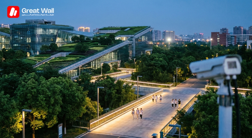 Campus universitaire moderne et eclaire la nuit avec cameras de securite, repondant a la question  la Chine est elle sure pour les etudiants marocains