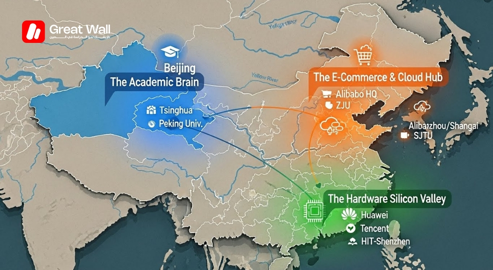 Carte infographique de la Chine mettant en évidence trois pôles technologiques majeurs Pékin (Cerveau Académique), ShanghaiHangzhou (Cloud) et Shenzhen (Vallée du Hardware). Carte infographique de la Chine mettant en évidence trois pôles technologiques majeurs Pékin (Cerveau Académique), ShanghaiHangzhou (Cloud) et Shenzhen (Vallée du Hardware).