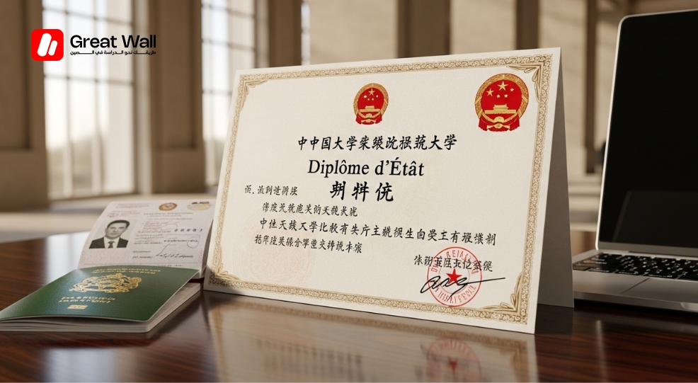 Chinese university diploma next to a Moroccan passport, symbolizing the legal recognition and prestige of a top Chinese university ranking degree.
