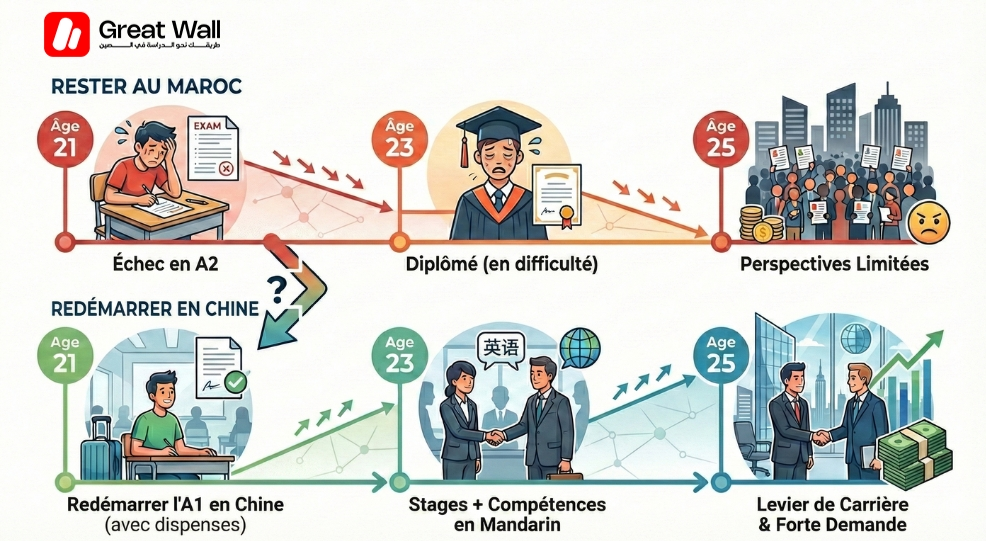 Chronologie comparant la valeur de carriere à long terme entre un diplome local et le choix de poursuivre ses etudes en Chine pour un etudiant de 21 ans