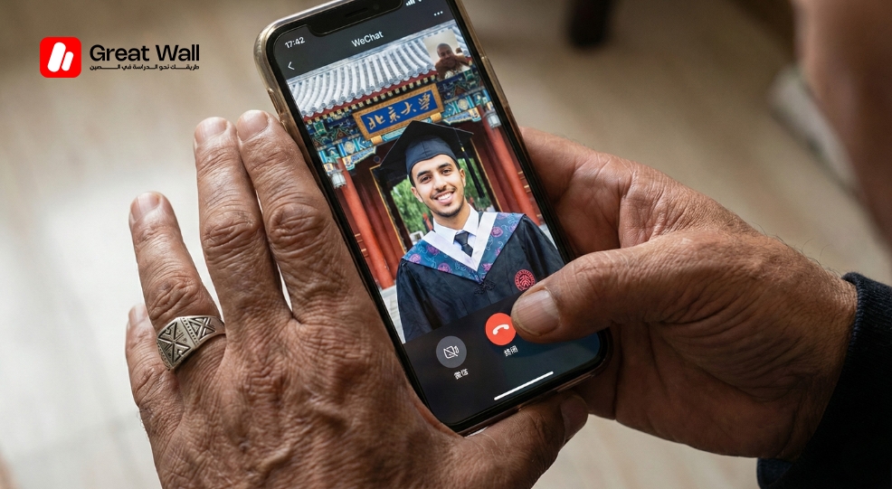 Close-up of a parent using WeChat for parents to video call their child in China, as WhatsApp is blocked.