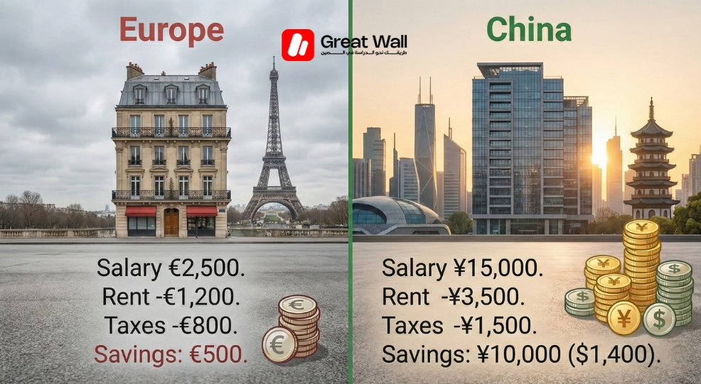 Comparison chart illustrating the higher financial savings potential for fresh graduates choosing staying in China on a work visa versus working in Europe.