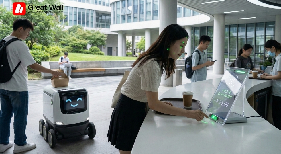Delivery robot on a Chinese university campus serving students and paying with face ID Delivery robot on a Chinese university campus serving students and paying with face ID
