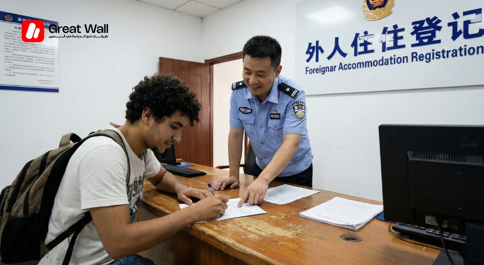 Etudiant marocain effectuant l enregistrement obligatoire a la police (declaration de residence) pour les etrangers dans un commissariat local chinois