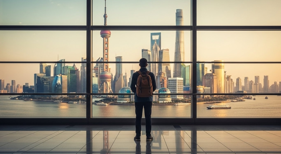 Étudiant marocain regardant la skyline de Shanghai, prêt pour des études de commerce international en Chine.