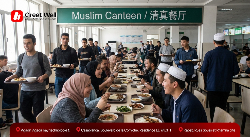 Etudiants internationaux dans une cantine musulmane universitaire garantissant l acces a la nourriture Halal en Chine