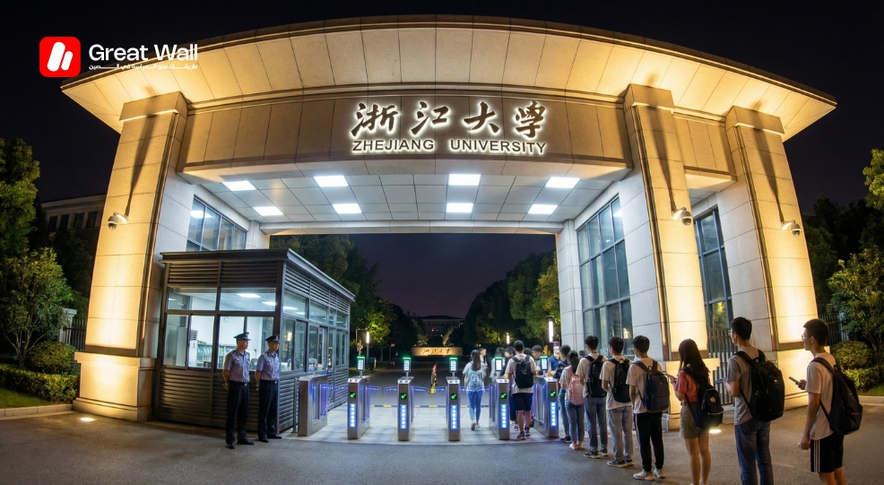 Gated university entrance with security guards at night, proving campus safety in China for Moroccan parents.