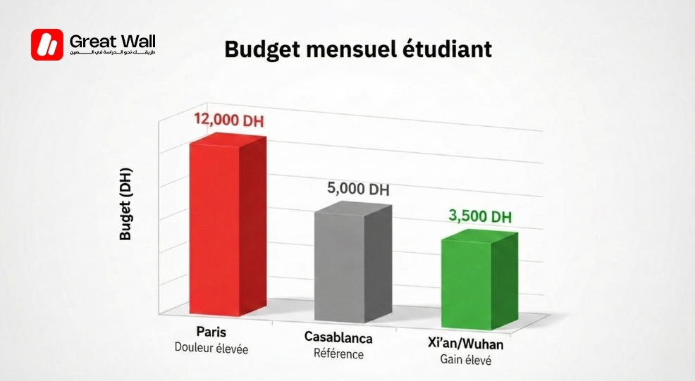 Graphique comparatif coût de la vie étudiant Paris vs Casablanca vs Chine 2026 Graphique comparatif coût de la vie étudiant Paris vs Casablanca vs Chine 2026