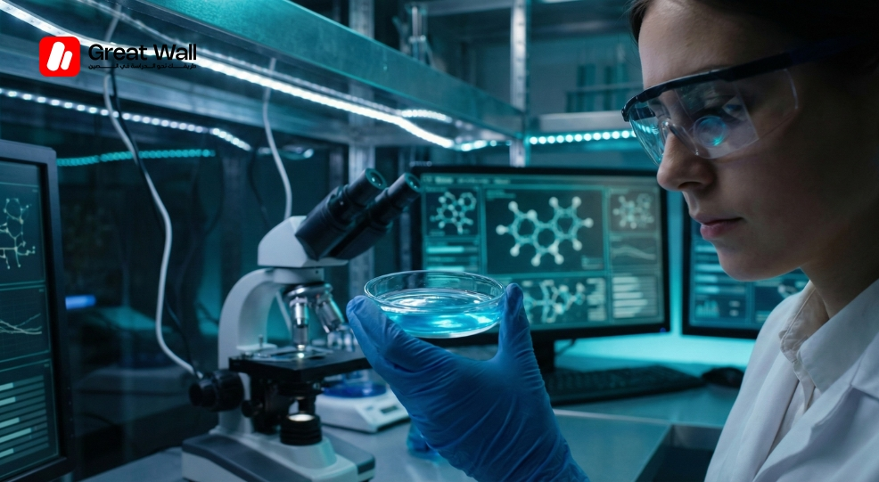 Gros plan sur un etudiant tenant une eprouvette lumineuse dans un bio laboratoire futuriste, illustrant la technologie avancee des etudes de Médecine Dentaire et Pharmacie en Chine