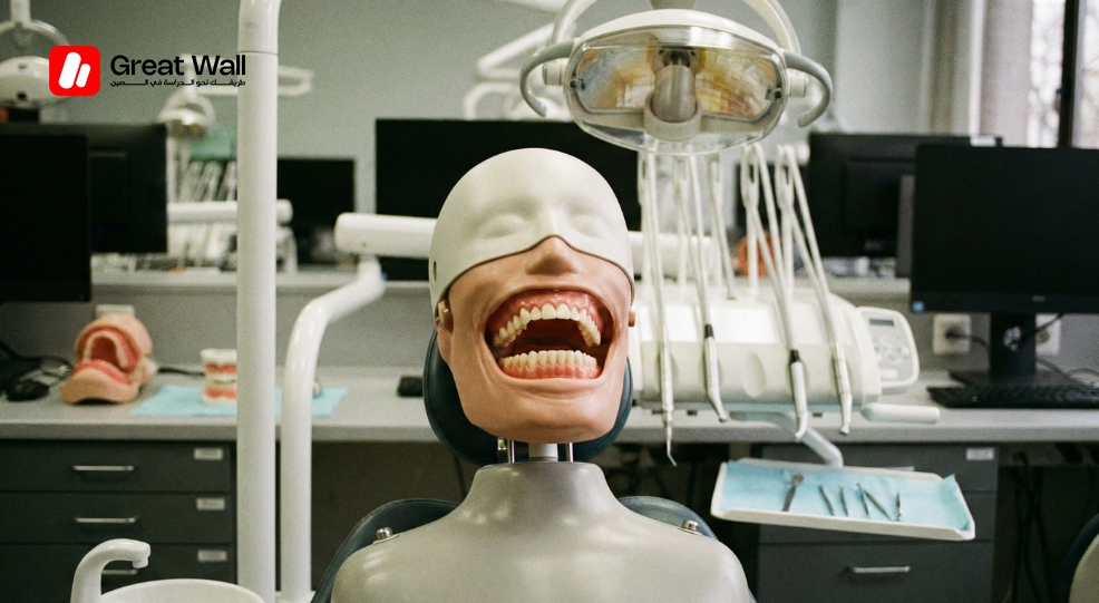 Gros plan sur un mannequin dentaire tete fantome realiste la bouche ouverte utilisé dans les laboratoires de formation clinique pour la Médecine Dentaire et Pharmacie en Chine