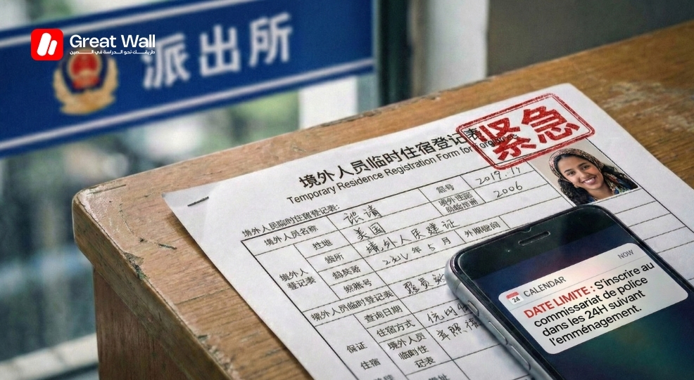 Image d avertissement soulignant la regle obligatoire d enregistrement aupres de la police dans les 24 heures pour les etrangers qui choisissent la location en Chine