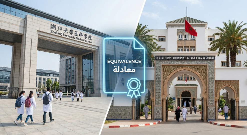 Image divisée illustrant les études de médecine en Chine menant à une reconnaissance du diplôme réussie au Maroc.