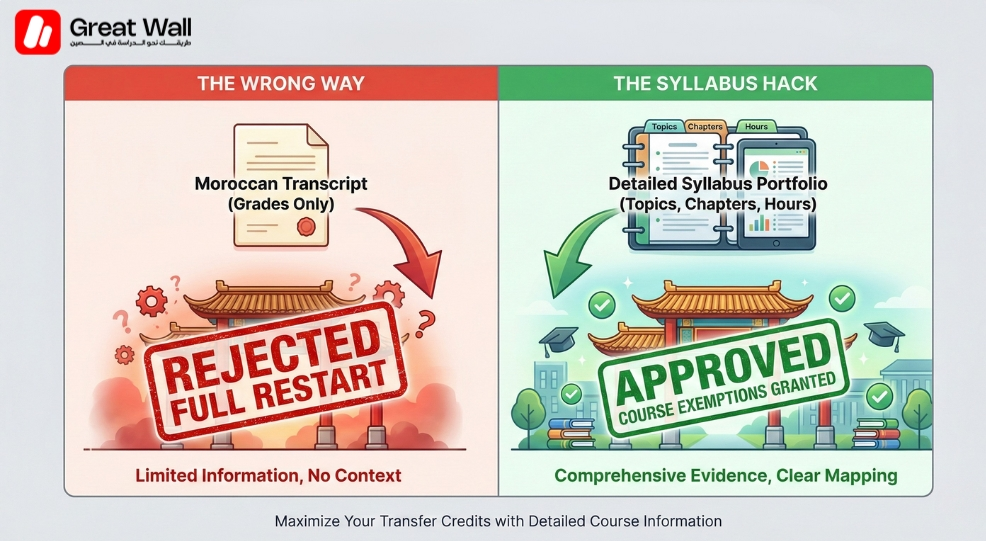 Infographic showing how to secure course exemptions for a university transfer to China using a detailed syllabus portfolio versus just a transcript.