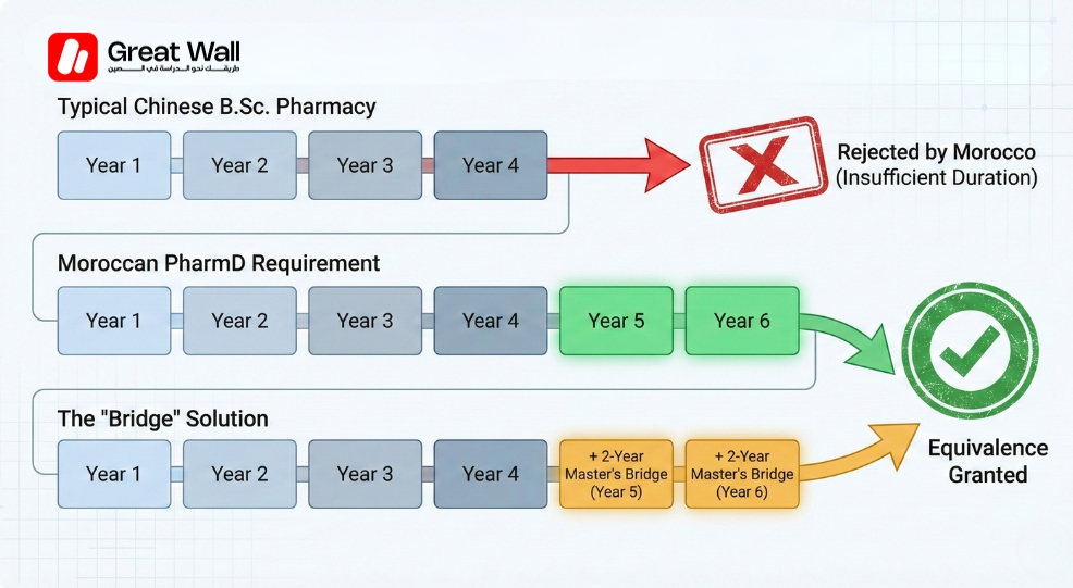 Infographic timeline comparing a 4 year Bachelors to a 6 year Doctorate  highlighting the duration requirements for recognizing Pharmacy degrees from China in Morocco