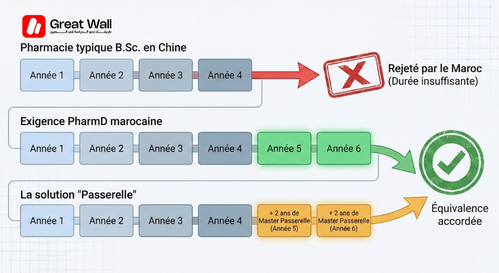 Infographie chronologique comparant un Bachelor de 4 ans a un Doctorat de 6 ans soulignant les exigences de duree pour les diplomes de Médecine Dentaire et Pharmacie en Chine