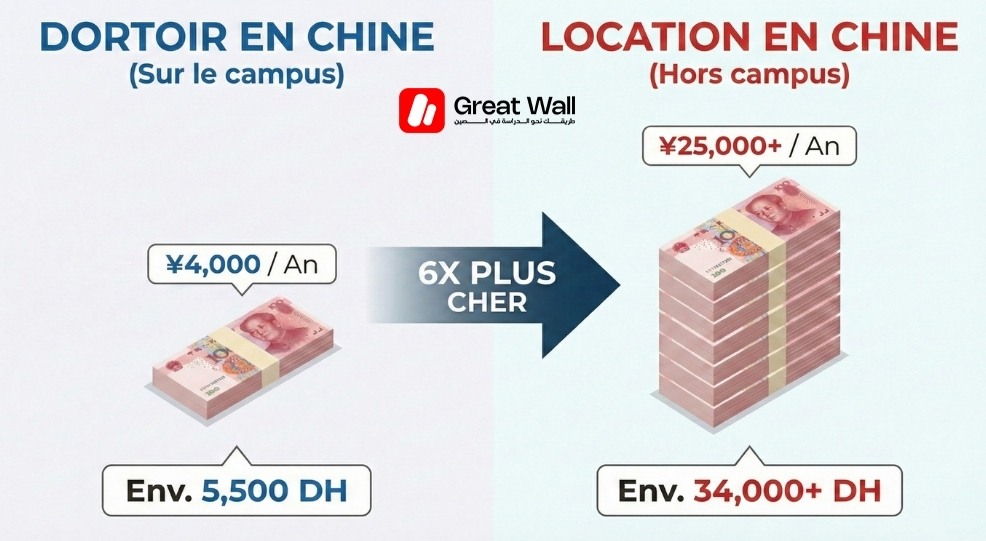 Infographie comparant le cout annuel montrant que louer en Chine est 6 fois plus cher que de vivre dans un dortoir en Chine