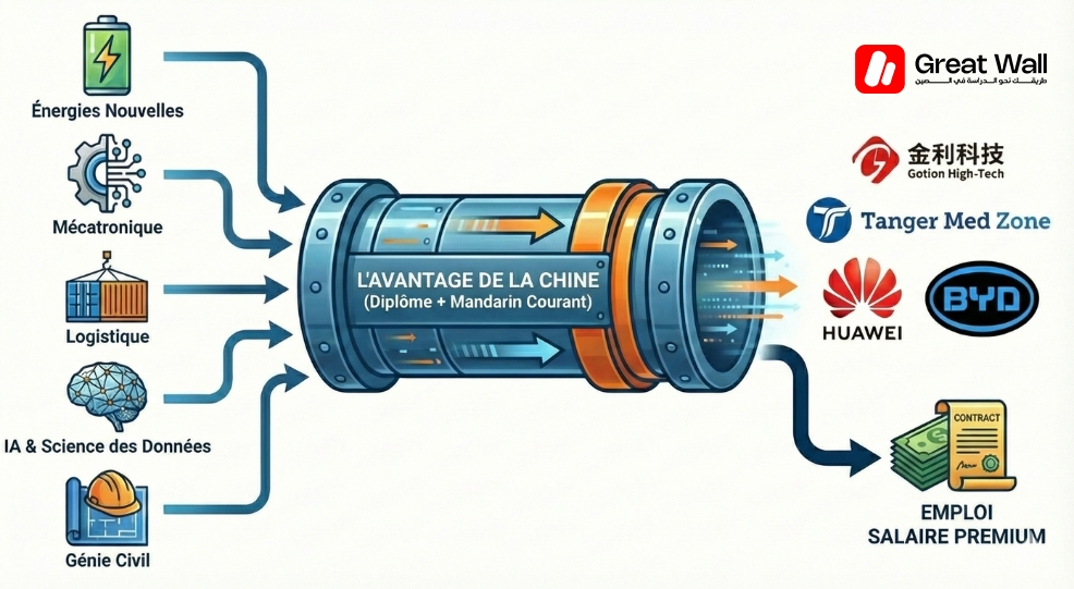 Infographie montrant 5 diplomes menant aux postes chez Gotion et Sentury Tire dans les entreprises chinoises au Maroc