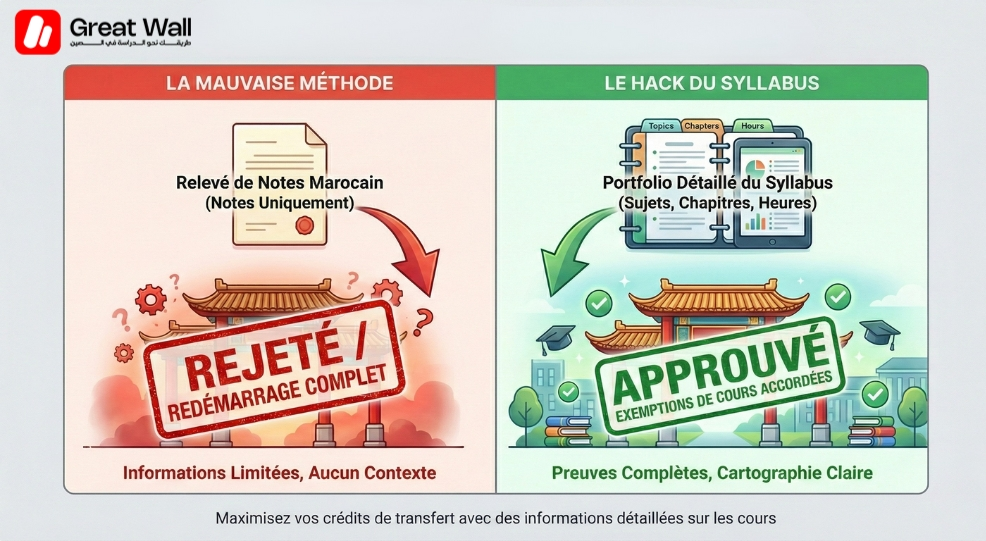 Infographie montrant comment obtenir des dispenses de cours pour poursuivre ses etudes en Chine grace a un syllabus detaille au lieu d un simple releve de notes
